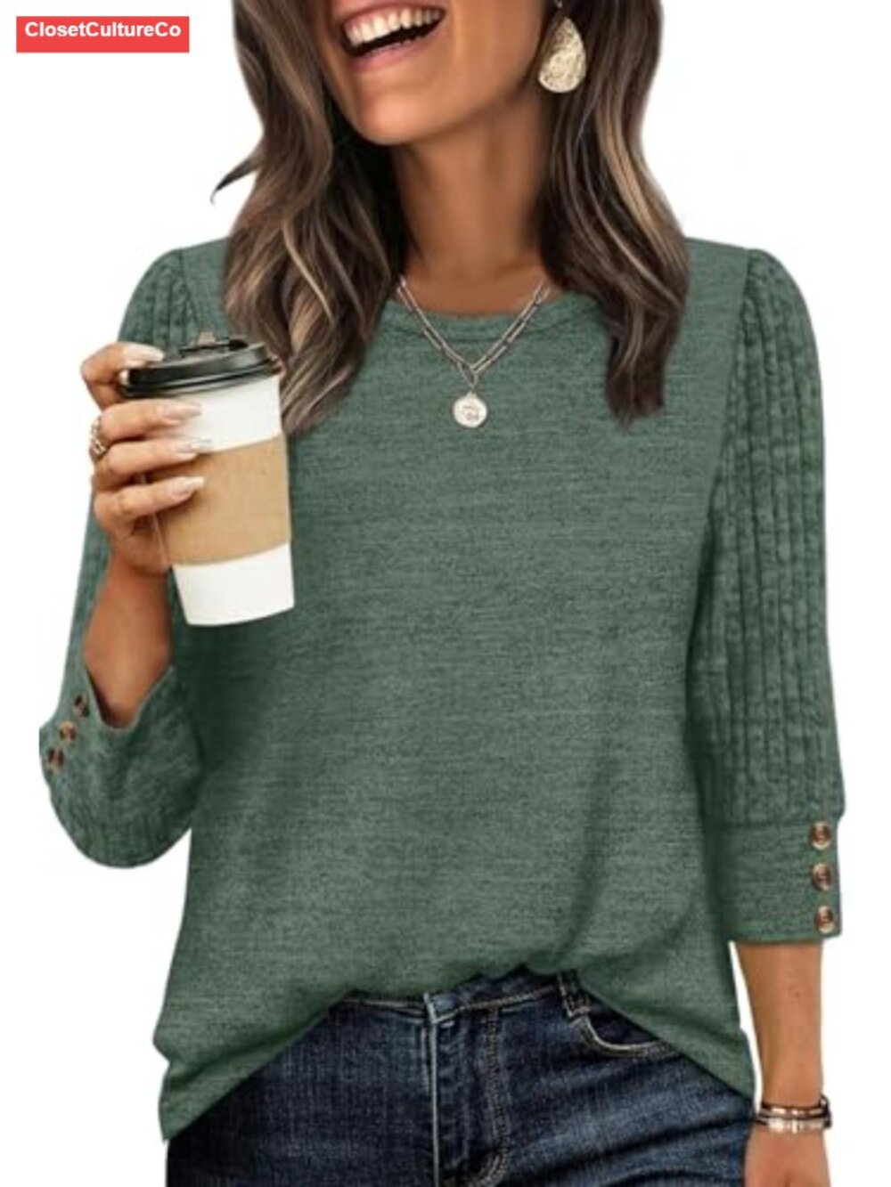 Womens 3/4 Sleeve Lightweight Sweater Top Button Detail Loose Fit Blouse